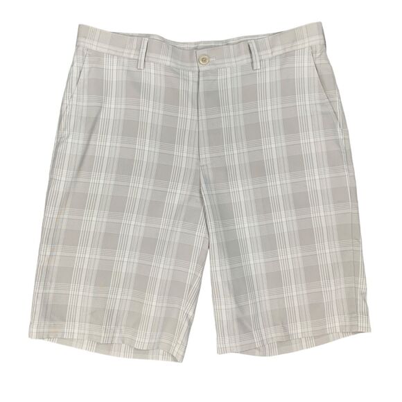Izod Golf Shorts Mens 34 Stone Plaid Flat Front High Rise Quick Dry Performance - Picture 1 of 11